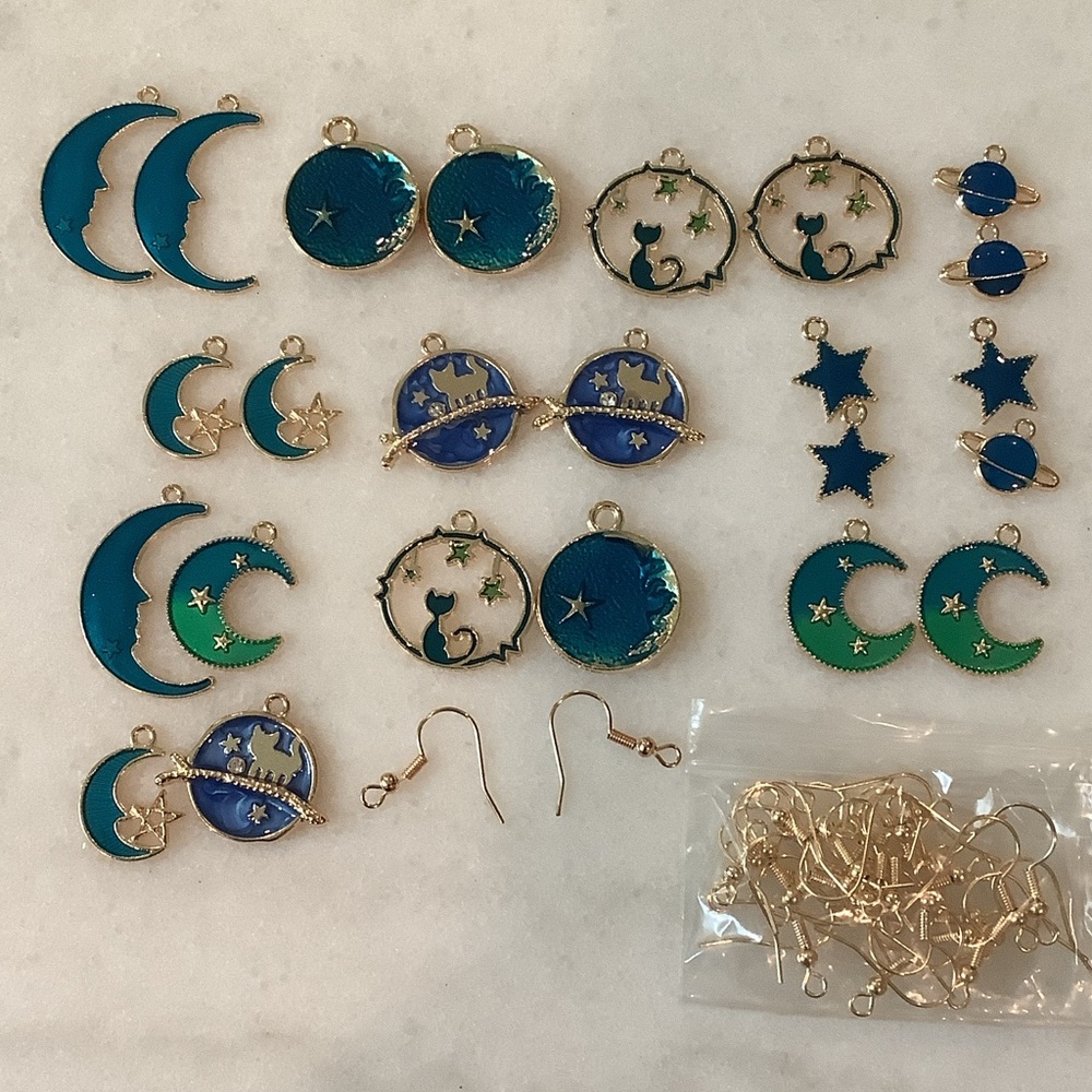 Gold-Tone Moon & Star Enamel Charms in Teal, Blue, and Green, Brand New